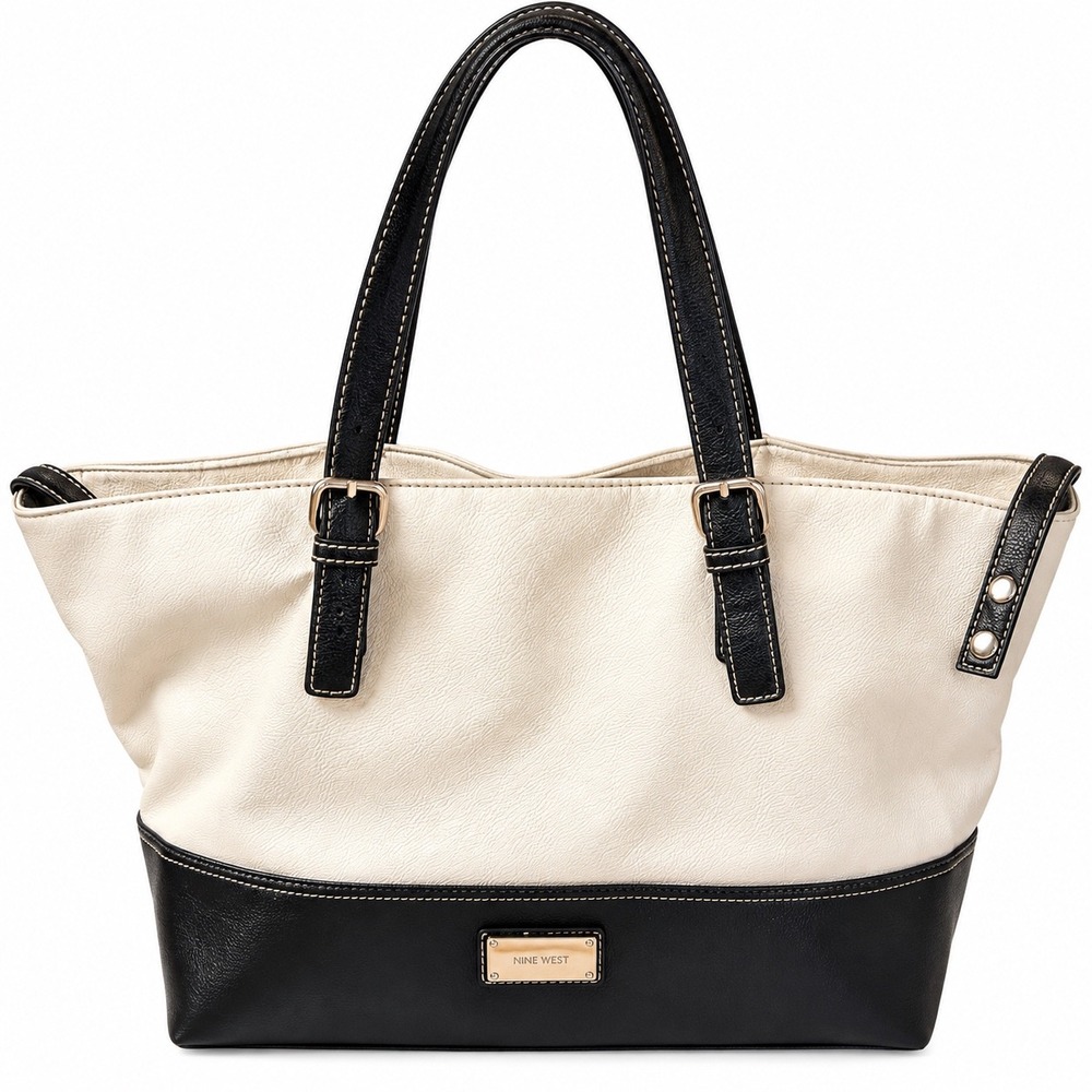 Nine West Tote Bag Cream Black Colorblock Faux Leather Shoulder Bag